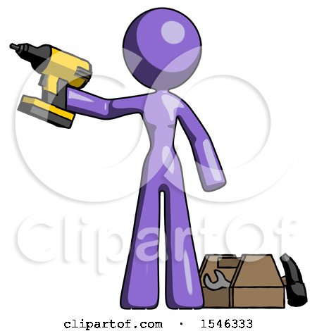 Purple Design Mascot Woman Holding Drill Ready to Work, Toolchest and Tools to Right by Leo Blanchette