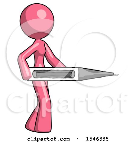 Pink Design Mascot Woman Walking with Large Thermometer by Leo Blanchette