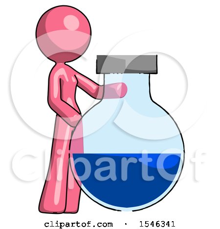 Pink Design Mascot Woman Standing Beside Large Round Flask or Beaker by Leo Blanchette