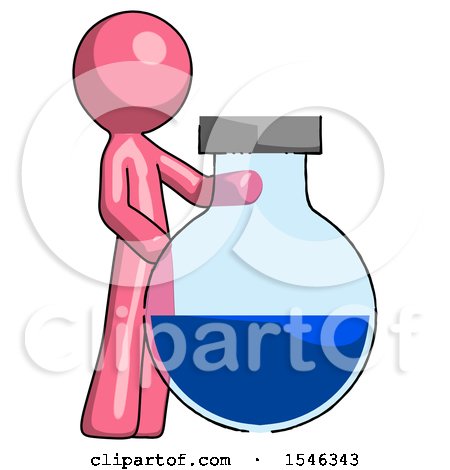 Pink Design Mascot Man Standing Beside Large Round Flask or Beaker by Leo Blanchette