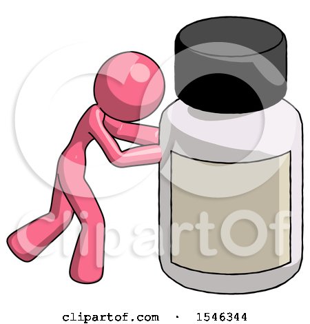 Pink Design Mascot Woman Pushing Large Medicine Bottle by Leo Blanchette