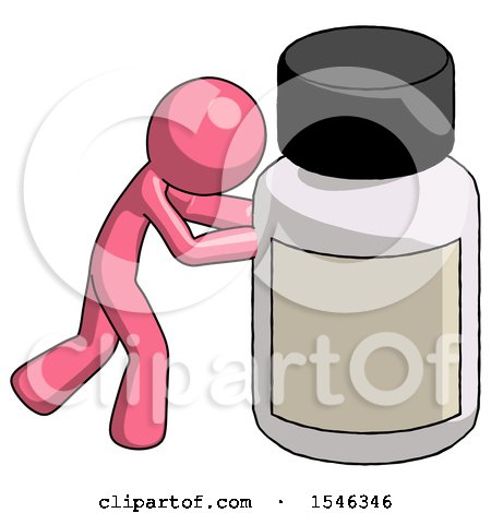 Pink Design Mascot Man Pushing Large Medicine Bottle by Leo Blanchette