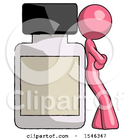 Pink Design Mascot Woman Leaning Against Large Medicine Bottle by Leo Blanchette
