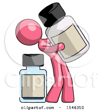 Pink Design Mascot Woman Holding Large White Medicine Bottle with Bottle in Background by Leo Blanchette
