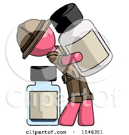 Pink Explorer Ranger Man Holding Large White Medicine Bottle with Bottle in Background by Leo Blanchette
