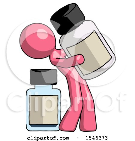 Pink Design Mascot Man Holding Large White Medicine Bottle with Bottle in Background by Leo Blanchette