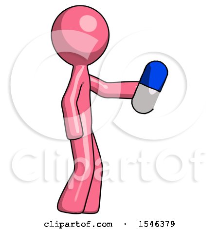 Pink Design Mascot Man Holding Blue Pill Walking to Right by Leo Blanchette