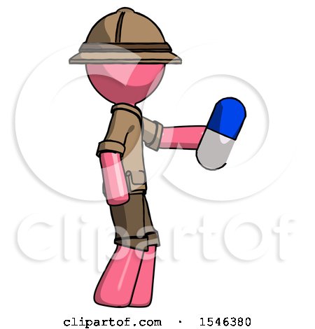 Pink Explorer Ranger Man Holding Blue Pill Walking to Right by Leo Blanchette