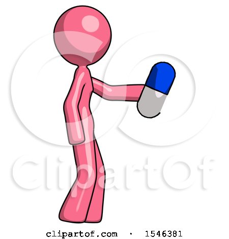 Pink Design Mascot Woman Holding Blue Pill Walking to Right by Leo Blanchette