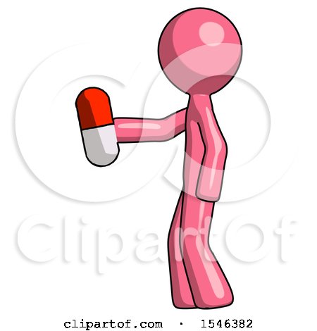 Pink Design Mascot Man Holding Red Pill Walking to Left by Leo Blanchette