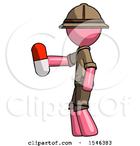 Pink Explorer Ranger Man Holding Red Pill Walking to Left by Leo Blanchette