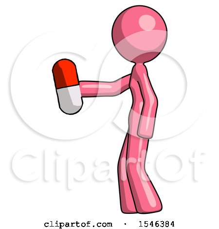 Pink Design Mascot Woman Holding Red Pill Walking to Left by Leo Blanchette