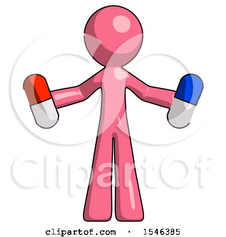 Pink Design Mascot Man Holding a Red Pill and Blue Pill by Leo Blanchette