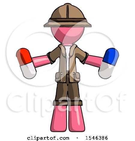 Pink Explorer Ranger Man Holding a Red Pill and Blue Pill by Leo Blanchette