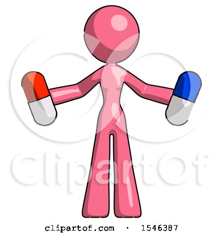 Pink Design Mascot Woman Holding a Red Pill and Blue Pill by Leo Blanchette