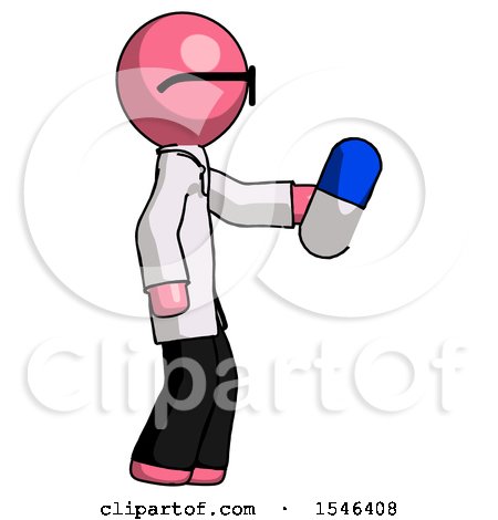 Pink Doctor Scientist Man Holding Blue Pill Walking to Right by Leo Blanchette