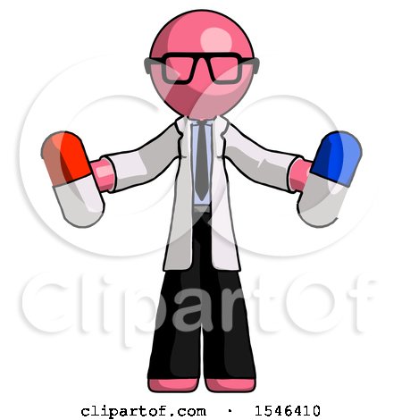 Pink Doctor Scientist Man Holding a Red Pill and Blue Pill by Leo Blanchette