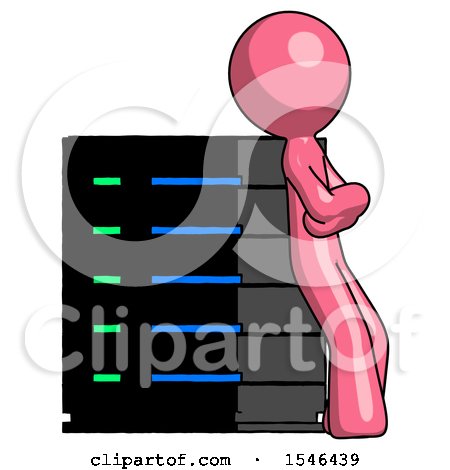 Pink Design Mascot Man Resting Against Server Rack Viewed at Angle by Leo Blanchette