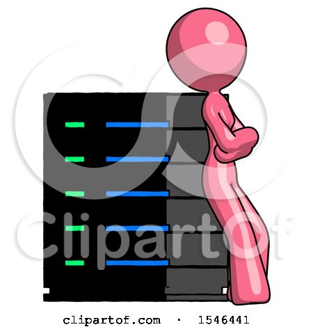 Pink Design Mascot Woman Resting Against Server Rack Viewed at Angle by Leo Blanchette