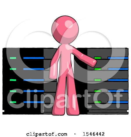 Pink Design Mascot Man with Server Racks, in Front of Two Networked Systems by Leo Blanchette