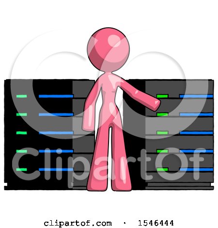 Pink Design Mascot Woman with Server Racks, in Front of Two Networked Systems by Leo Blanchette