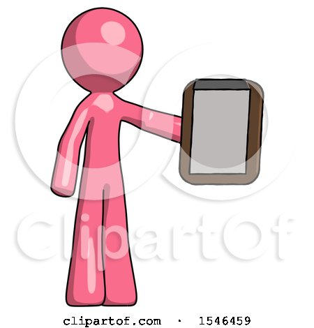 Pink Design Mascot Man Showing Clipboard to Viewer by Leo Blanchette