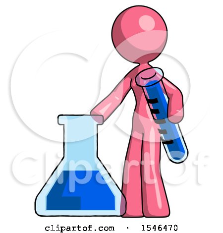 Pink Design Mascot Woman Holding Test Tube Beside Beaker or Flask by Leo Blanchette
