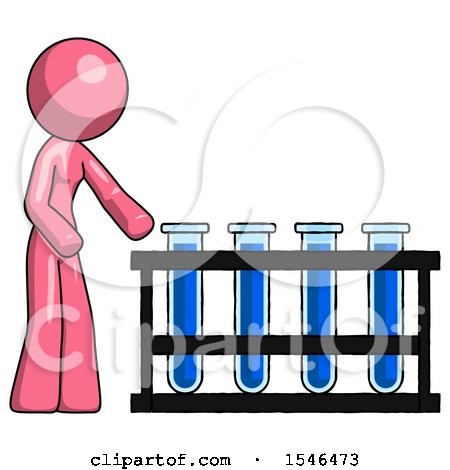 Pink Design Mascot Woman Using Test Tubes or Vials on Rack by Leo Blanchette