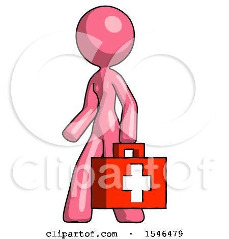 Pink Design Mascot Woman Walking with Medical Aid Briefcase to Left by Leo Blanchette