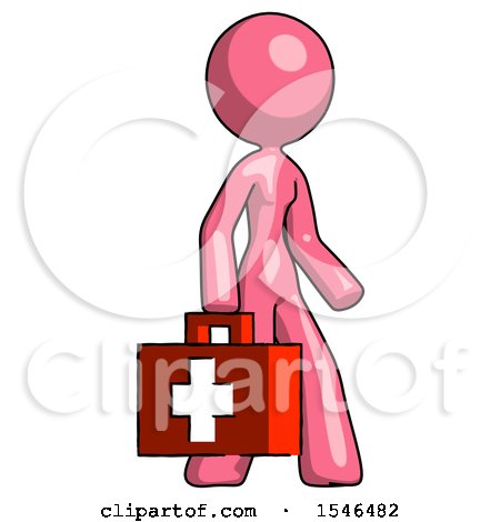Pink Design Mascot Woman Walking with Medical Aid Briefcase to Right by Leo Blanchette