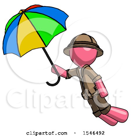 Pink Explorer Ranger Man Flying with Rainbow Colored Umbrella by Leo Blanchette