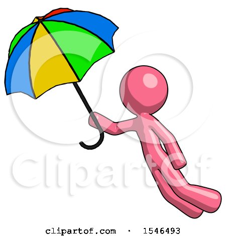 Pink Design Mascot Man Flying with Rainbow Colored Umbrella by Leo Blanchette