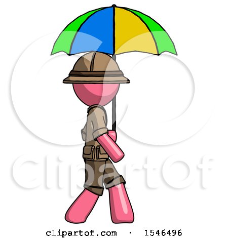 Pink Explorer Ranger Man Walking with Colored Umbrella by Leo Blanchette