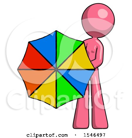 Pink Design Mascot Woman Holding Rainbow Umbrella out to Viewer by Leo Blanchette