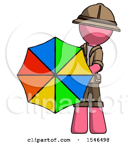 Pink Explorer Ranger Man Holding Rainbow Umbrella out to Viewer by Leo Blanchette
