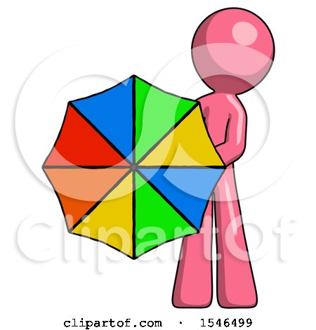 Pink Design Mascot Man Holding Rainbow Umbrella out to Viewer by Leo Blanchette