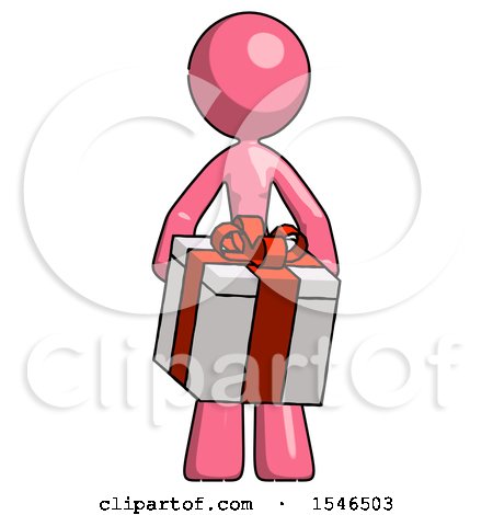 Pink Design Mascot Woman Gifting Present with Large Bow Front View by Leo Blanchette