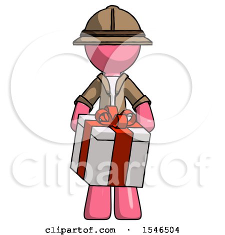 Pink Explorer Ranger Man Gifting Present with Large Bow Front View by Leo Blanchette