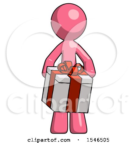 Pink Design Mascot Man Gifting Present with Large Bow Front View by Leo Blanchette