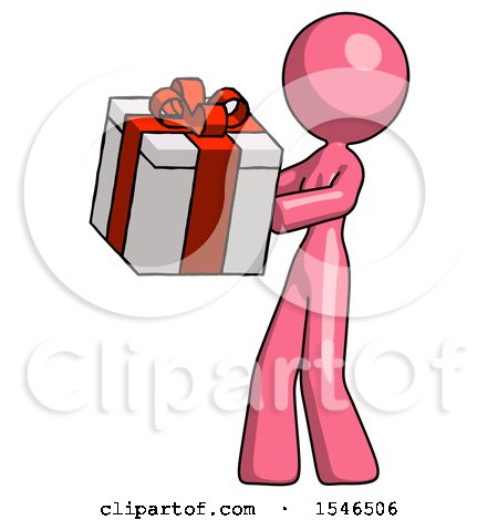 Pink Design Mascot Woman Presenting a Present with Large Red Bow on It by Leo Blanchette