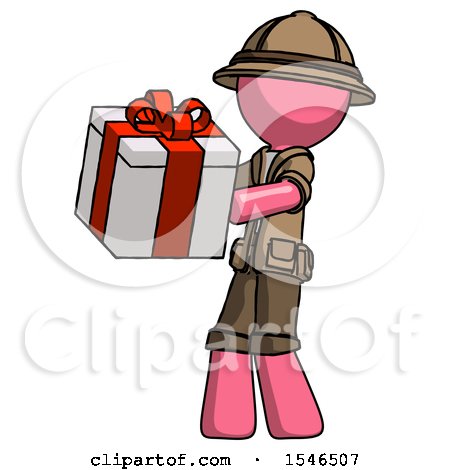 Pink Explorer Ranger Man Presenting a Present with Large Red Bow on It by Leo Blanchette