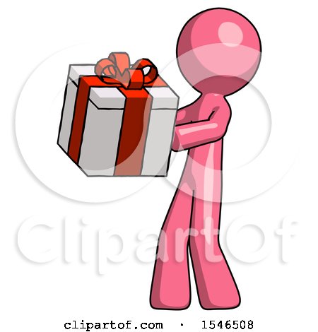 Pink Design Mascot Man Presenting a Present with Large Red Bow on It by Leo Blanchette