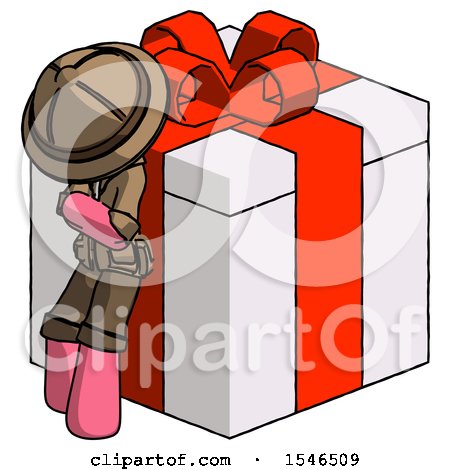 Pink Explorer Ranger Man Leaning on Gift with Red Bow Angle View by Leo Blanchette