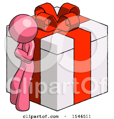 Pink Design Mascot Man Leaning on Gift with Red Bow Angle View by Leo Blanchette