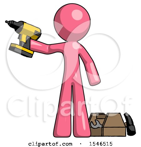 Pink Design Mascot Man Holding Drill Ready to Work, Toolchest and Tools to Right by Leo Blanchette