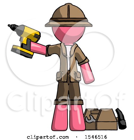 Pink Explorer Ranger Man Holding Drill Ready to Work, Toolchest and Tools to Right by Leo Blanchette