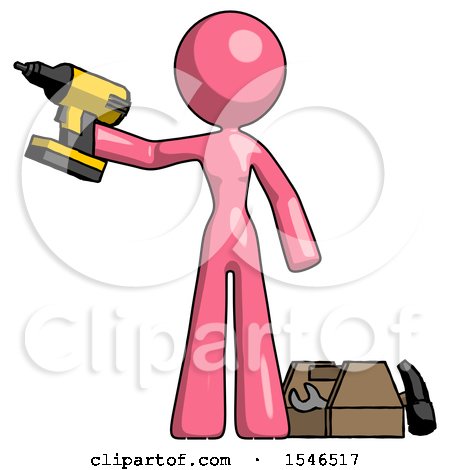 Pink Design Mascot Woman Holding Drill Ready to Work, Toolchest and Tools to Right by Leo Blanchette