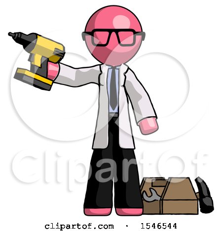 Pink Doctor Scientist Man Holding Drill Ready to Work, Toolchest and Tools to Right by Leo Blanchette