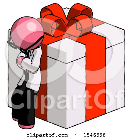 Pink Doctor Scientist Man Leaning on Gift with Red Bow Angle View by Leo Blanchette