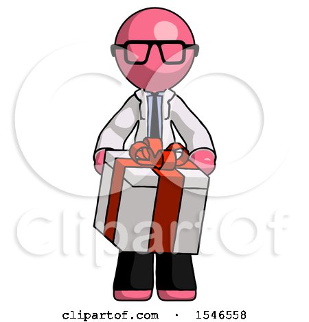 Pink Doctor Scientist Man Gifting Present with Large Bow Front View by Leo Blanchette